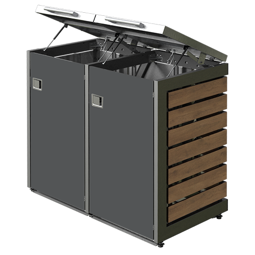 2er Mülltonnenbox Anthrazit mit Kippdach und Holzverkleidung